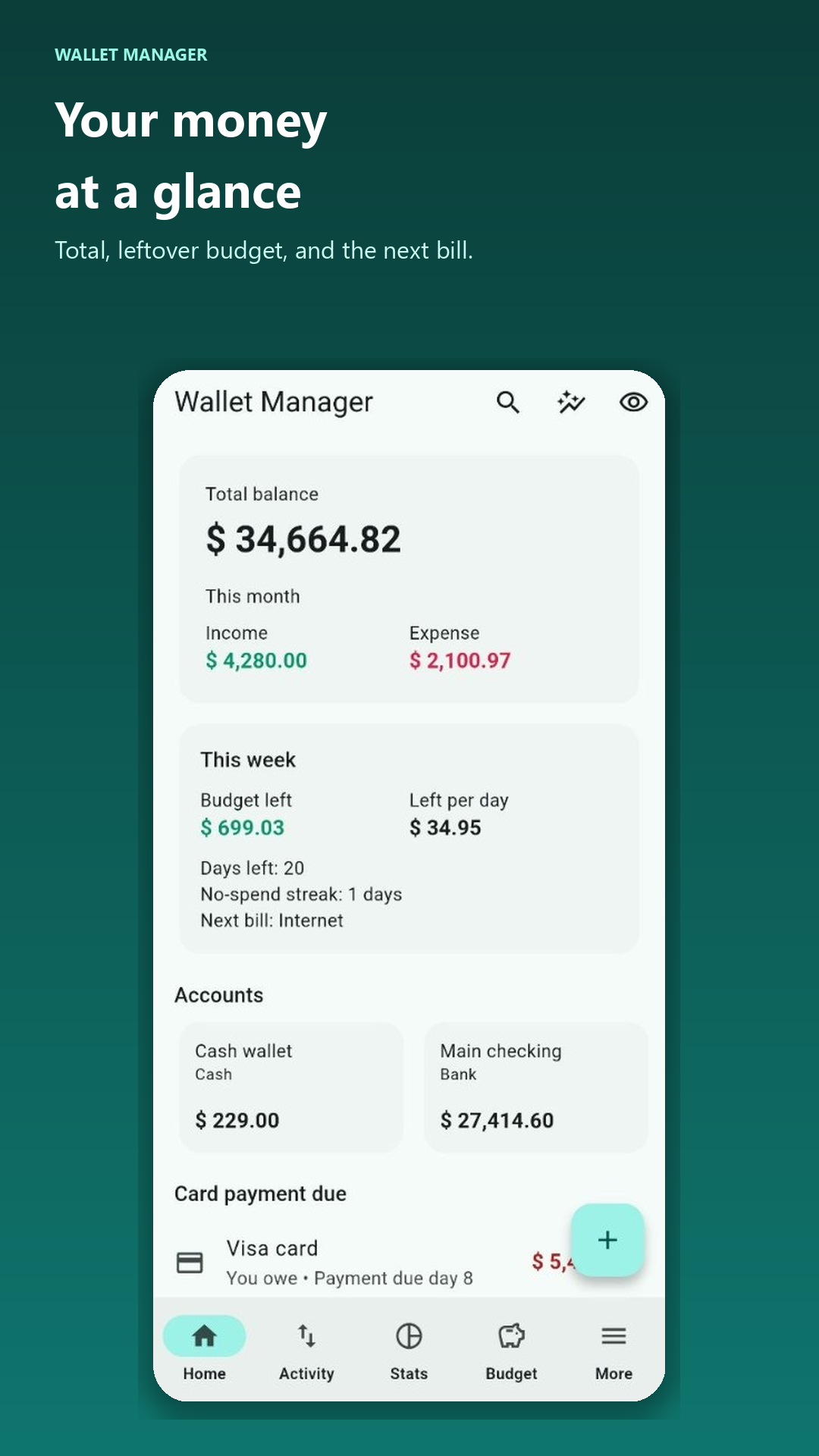 Home screen with total balance